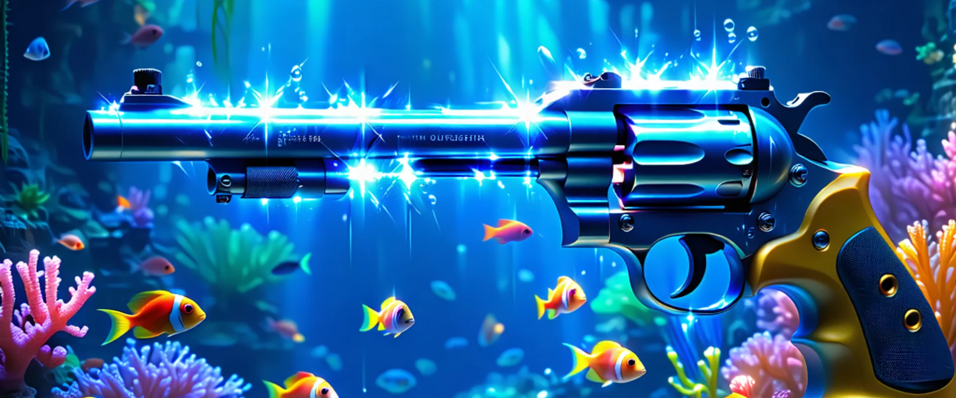 Hình ảnh đại dương rực rỡ với cá và súng bắn cá trên nền tảng pg88